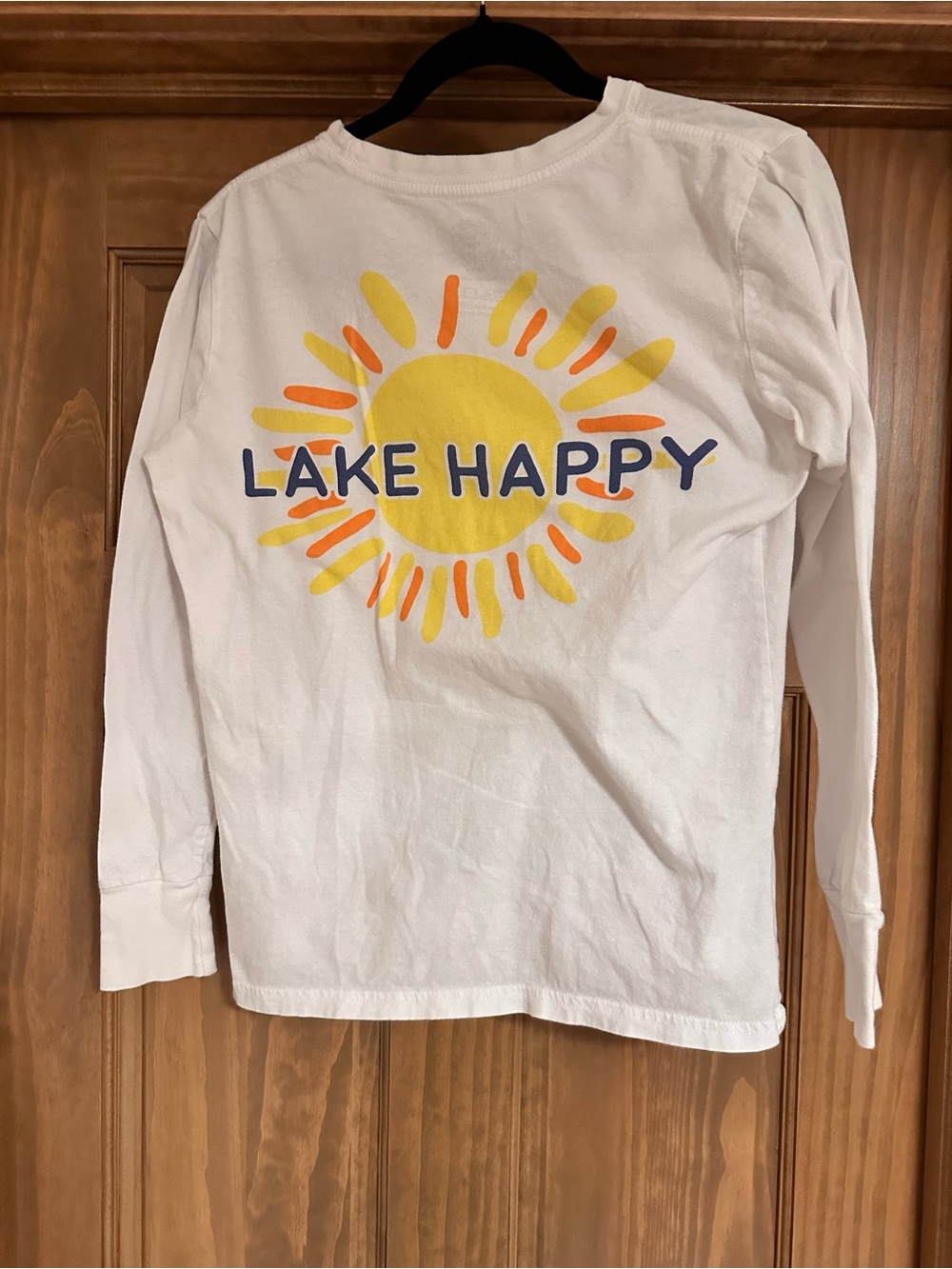 Lake Happy Women’s White Long-Sleeve Tee with Sunny Chest Motif